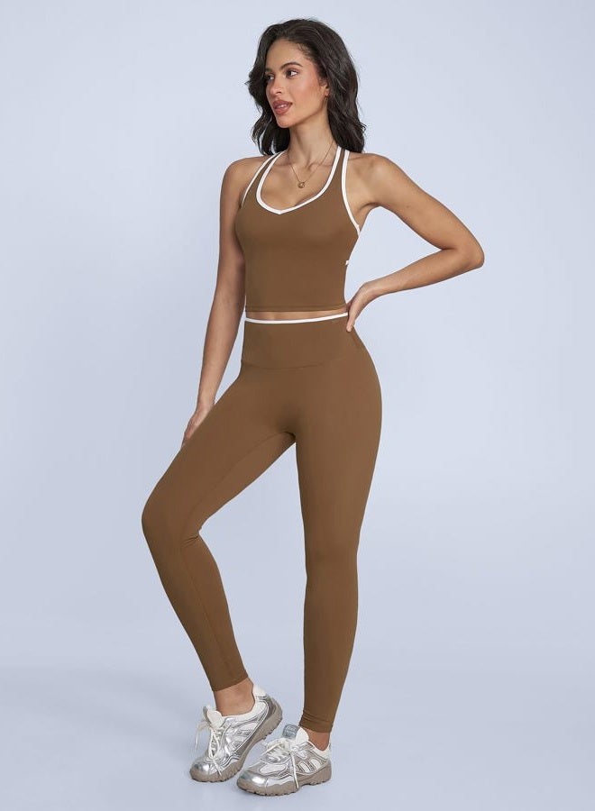 ABOCIW Womens Color Block Workout Sets Racerback Tank Top High Waist Leggings Gym Set Yoga Pilates Outfits, Brown, S - Image 4