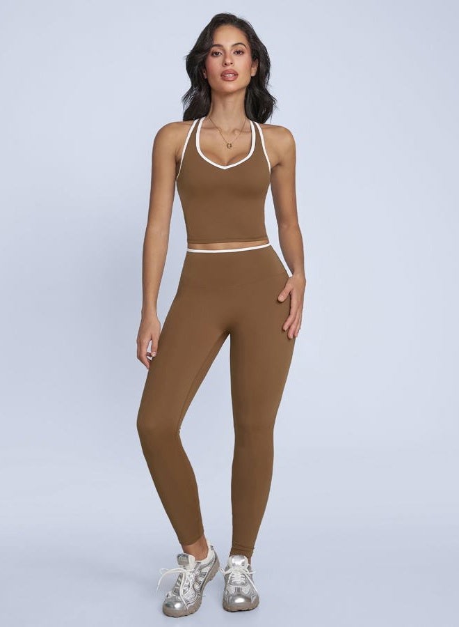 ABOCIW Womens Color Block Workout Sets Racerback Tank Top High Waist Leggings Gym Set Yoga Pilates Outfits, Brown, S - Image 2