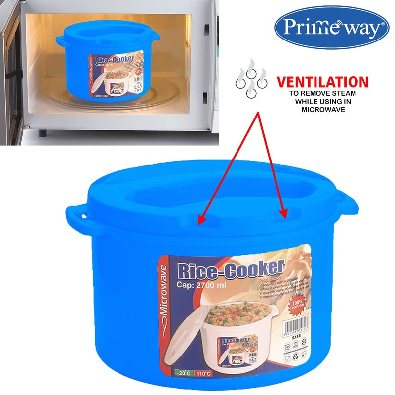 Primeway وعاء طهي الأرز في الميكروويف سعة 2.7 لتر من البولي بروبيلين مع ملعقة تقديم (أزرق) - Image 2
