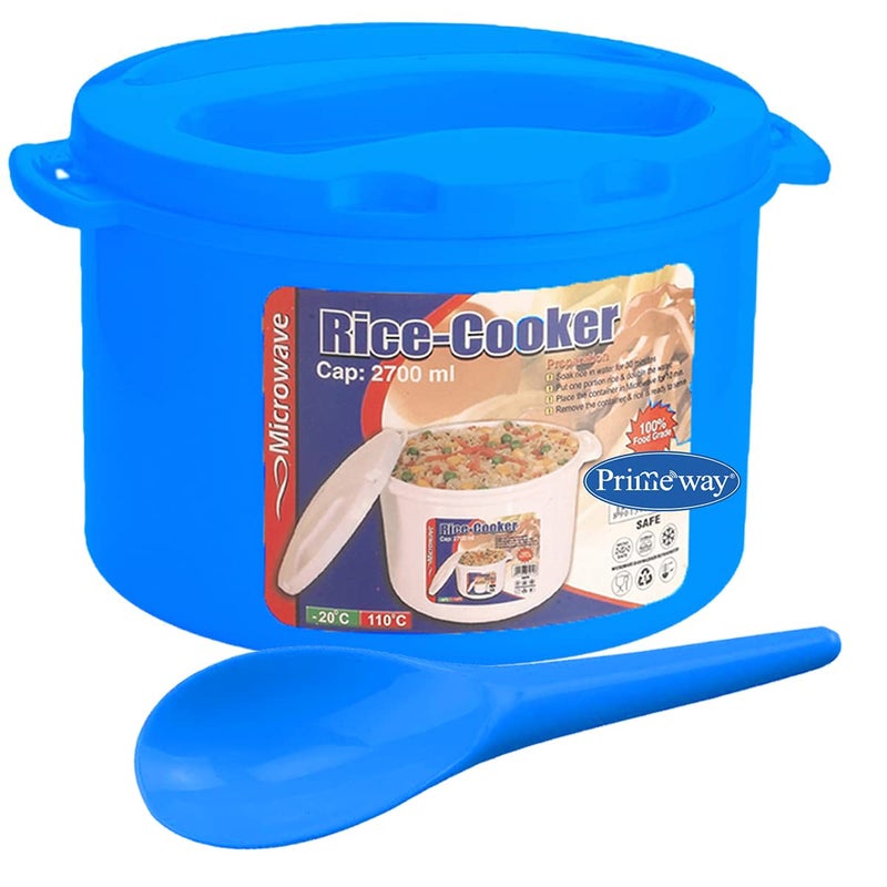 Primeway وعاء طهي الأرز في الميكروويف سعة 2.7 لتر من البولي بروبيلين مع ملعقة تقديم (أزرق) - Image 1