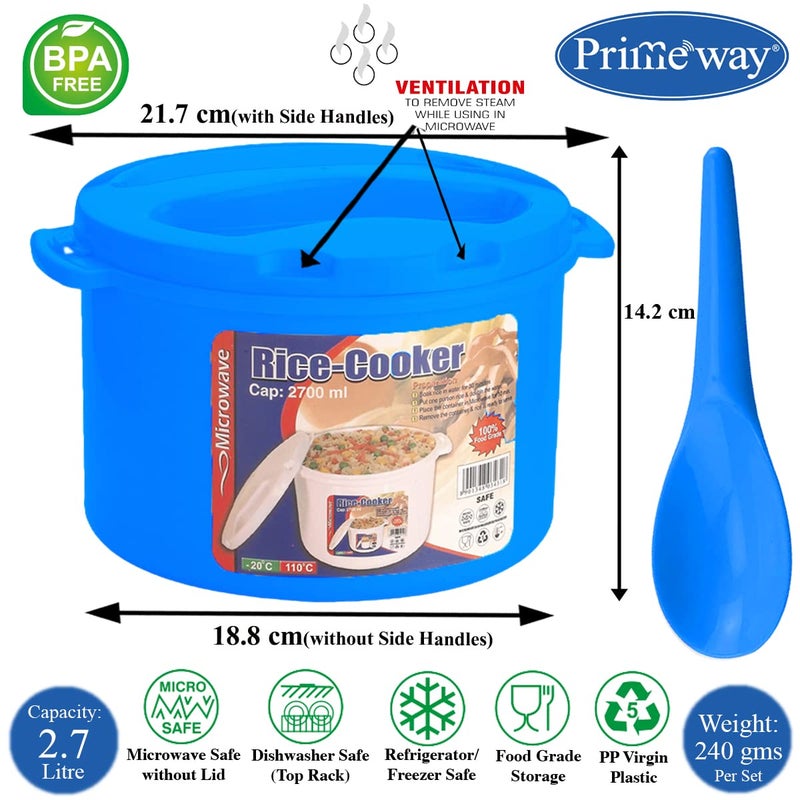 Primeway وعاء طهي الأرز في الميكروويف سعة 2.7 لتر من البولي بروبيلين مع ملعقة تقديم (أزرق) - Image 3