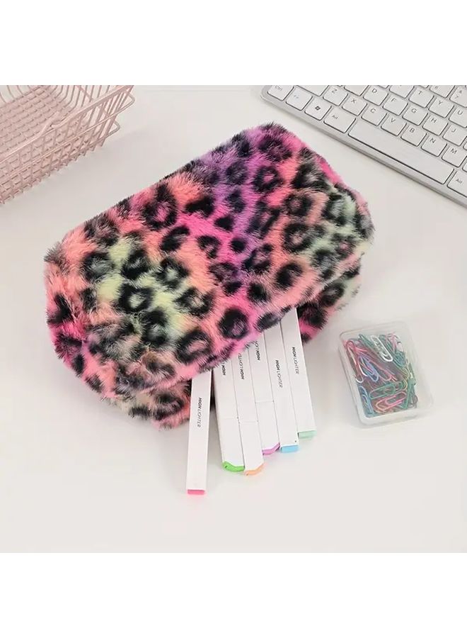 Beige Leopard Print Large Capacity Makeup Bag Travel Organizer With Zipper And Pendant - Image 5
