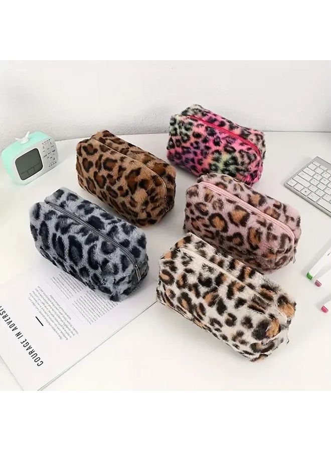 Beige Leopard Print Large Capacity Makeup Bag Travel Organizer With Zipper And Pendant - Image 4
