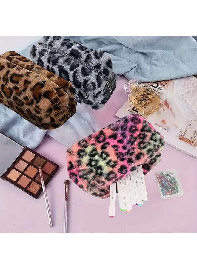 Beige Leopard Print Large Capacity Makeup Bag Travel Organizer With Zipper And Pendant - Image 2