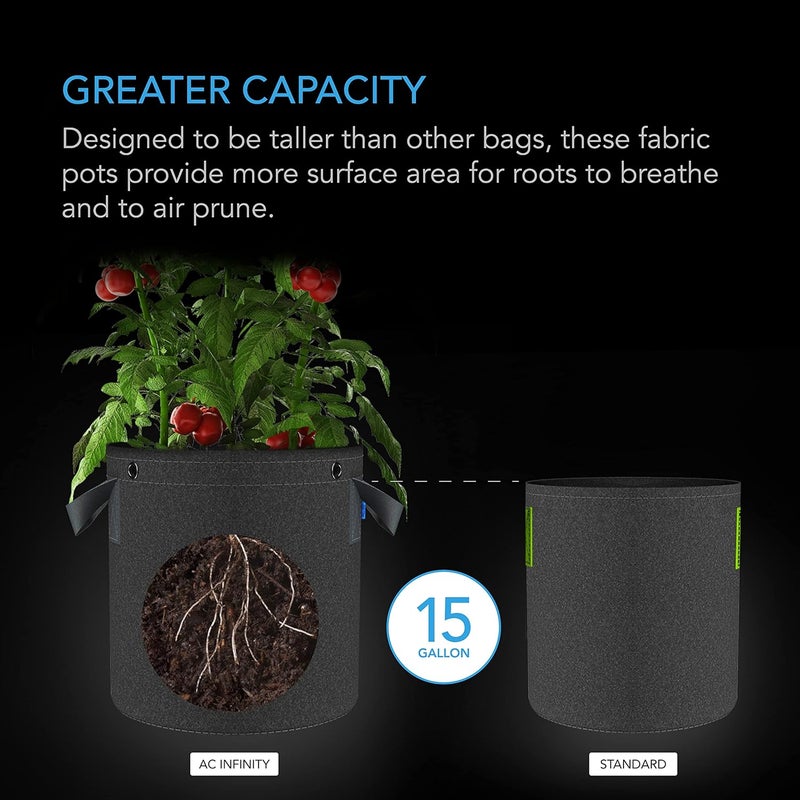 AC Infinity Heavy Duty Fabric Pots, 15 Gallon Aeration Reusable Grow Bags 5-Pack with 500G Thick Nonwoven Fabric and Multi-Purpose Rings, for Plant Hanging and Low Stress Training - Image 3