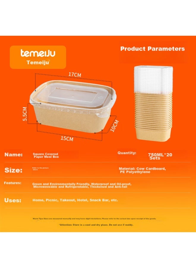 Temeiju Disposable Square Food Containers, 750ml*20 Sets, Food-grade, For Fast Food, Picnic, Fruit, Kraft Paper Takeout Boxes With Lids - Image 3