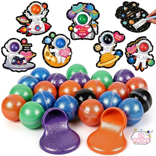 Seenelling 24 Pack Kids Valentines Day Gifts for Galaxy Clay Putty Ball Kits with Greeting Cards Spacethemed Party Favors for Boy Girl Gift Exchange Classroom RewardsMulticolor - Image 1
