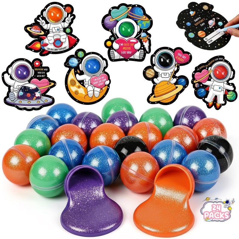 Seenelling 24 Pack Kids Valentines Day Gifts for Galaxy Clay Putty Ball Kits with Greeting Cards Spacethemed Party Favors for Boy Girl Gift Exchange Classroom RewardsMulticolor - Image 3