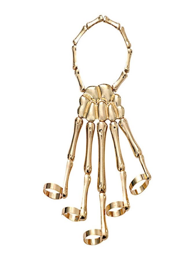 YERTTER Halloween Skull Skeleton Hand Bracelet with Ring Handmade Wristband Skull Fingers Metal Hand Bracelet Adjustable for Women Men Gifts (Gold) - Image 1