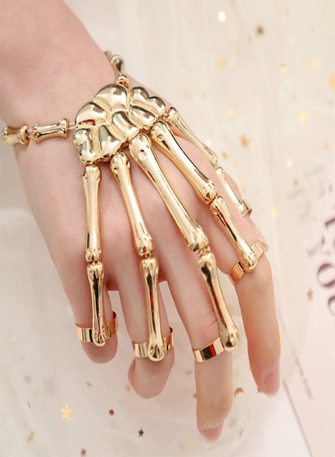 YERTTER Halloween Skull Skeleton Hand Bracelet with Ring Handmade Wristband Skull Fingers Metal Hand Bracelet Adjustable for Women Men Gifts (Gold) - Image 2