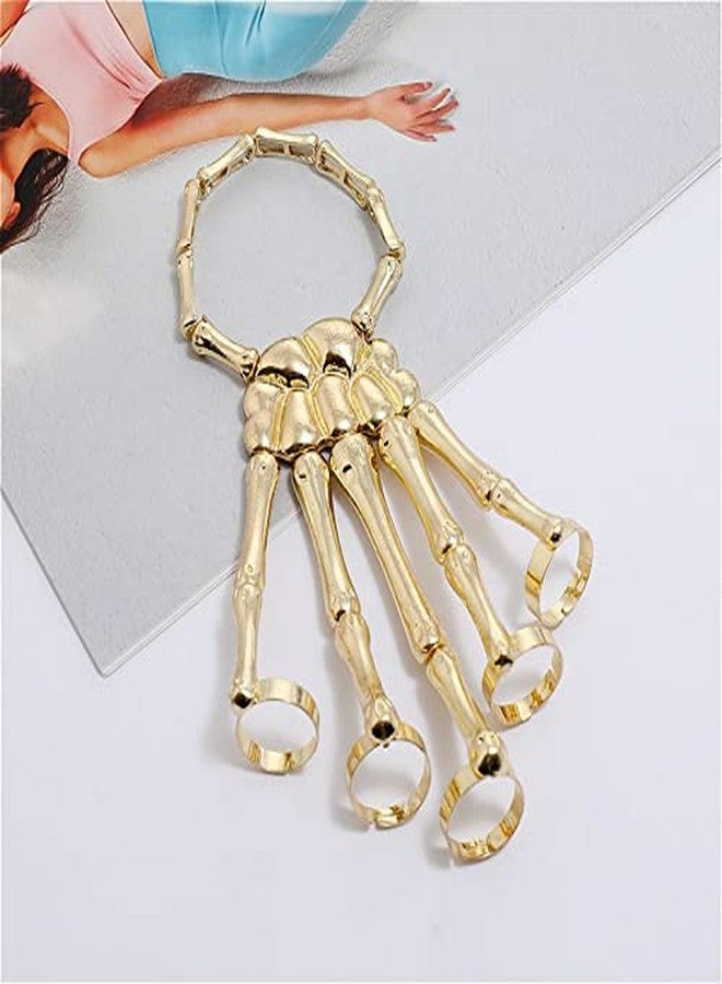 YERTTER Halloween Skull Skeleton Hand Bracelet with Ring Handmade Wristband Skull Fingers Metal Hand Bracelet Adjustable for Women Men Gifts (Gold) - Image 5