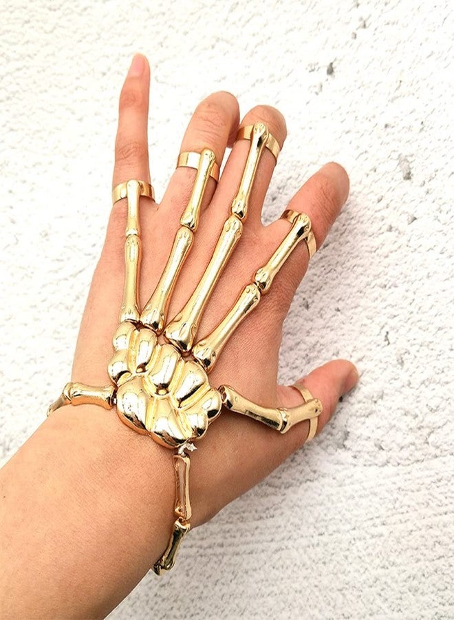 YERTTER Halloween Skull Skeleton Hand Bracelet with Ring Handmade Wristband Skull Fingers Metal Hand Bracelet Adjustable for Women Men Gifts (Gold) - Image 3