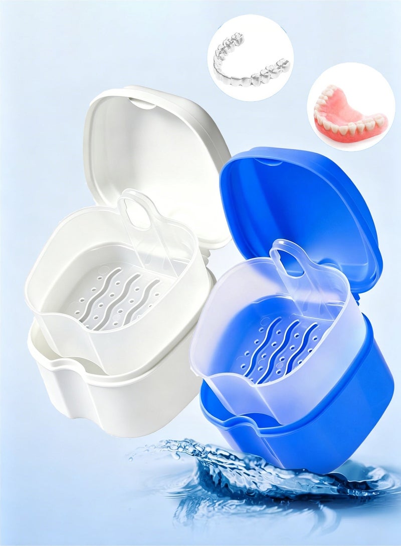 LuckSa Denture Case Dental Mouthguard Case, Denture Bath Box Cleaning with Strainer Basket and Lid Waterproof (Blue and White) - Image 1