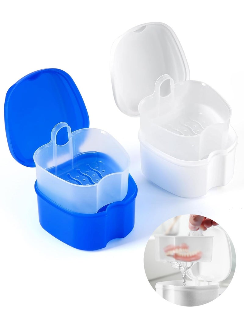 LuckSa Denture Case Dental Mouthguard Case, Denture Bath Box Cleaning with Strainer Basket and Lid Waterproof (Blue and White) - Image 2