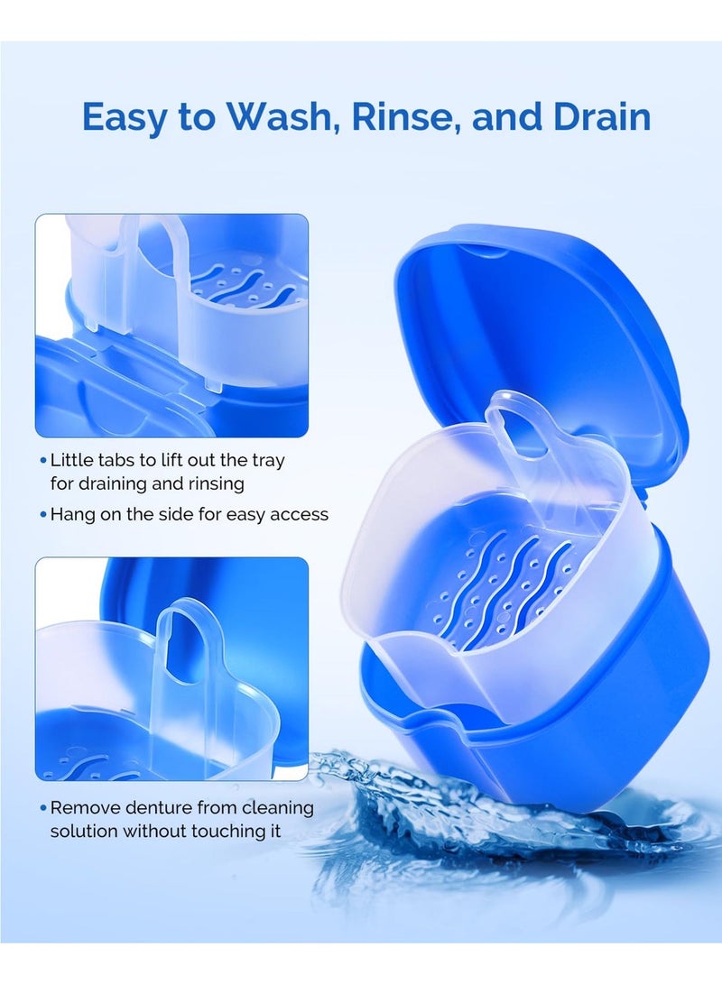 LuckSa Denture Case Dental Mouthguard Case, Denture Bath Box Cleaning with Strainer Basket and Lid Waterproof (Blue and White) - Image 4