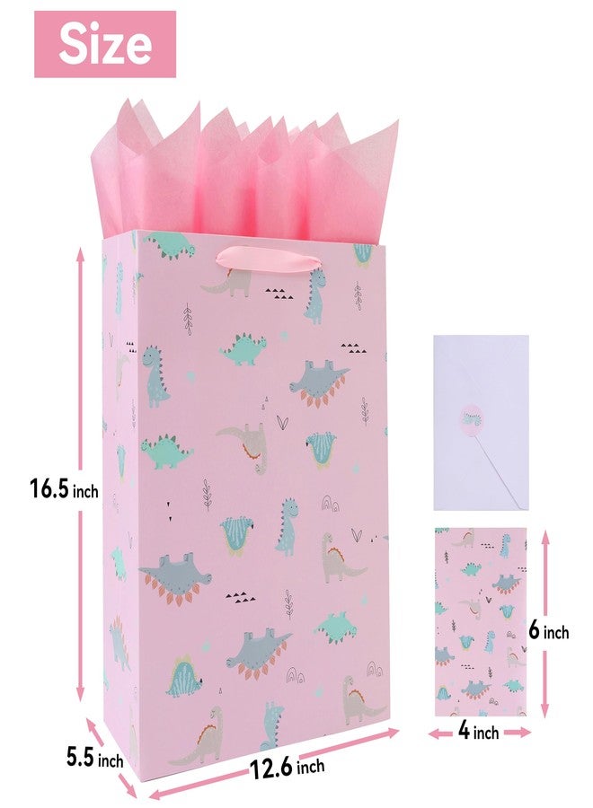 Qirrmiy مجموعة حقائب هدايا ديناصورات كبيرة جدًا مقاس 16.5 بوصة مع مقابض، وبطاقة تهنئة، وورق مناديل وردي، وملصقات للبنات والفتيات والمراهقات، مناسبة لأعياد الميلاد وحفلات استقبال المولود الجديد والأمهات الجدد، بتصميم مستوحى من الديناصورات، قطعة واحدة - Image 2
