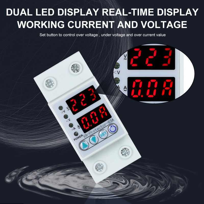 Adjustable Voltage Protector 63A Single Phase Din Rail - Adjustable Voltage & Current Protection Automatic Reconnect Double LED Display for Home Electrical Equipment Protection - Image 4