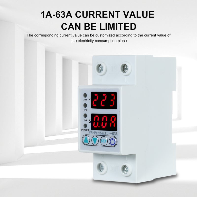 Adjustable Voltage Protector 63A Single Phase Din Rail - Adjustable Voltage & Current Protection Automatic Reconnect Double LED Display for Home Electrical Equipment Protection - Image 2