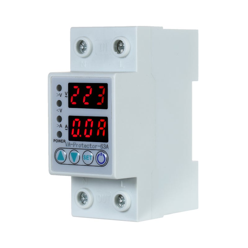 Adjustable Voltage Protector 63A Single Phase Din Rail - Adjustable Voltage & Current Protection Automatic Reconnect Double LED Display for Home Electrical Equipment Protection - Image 1