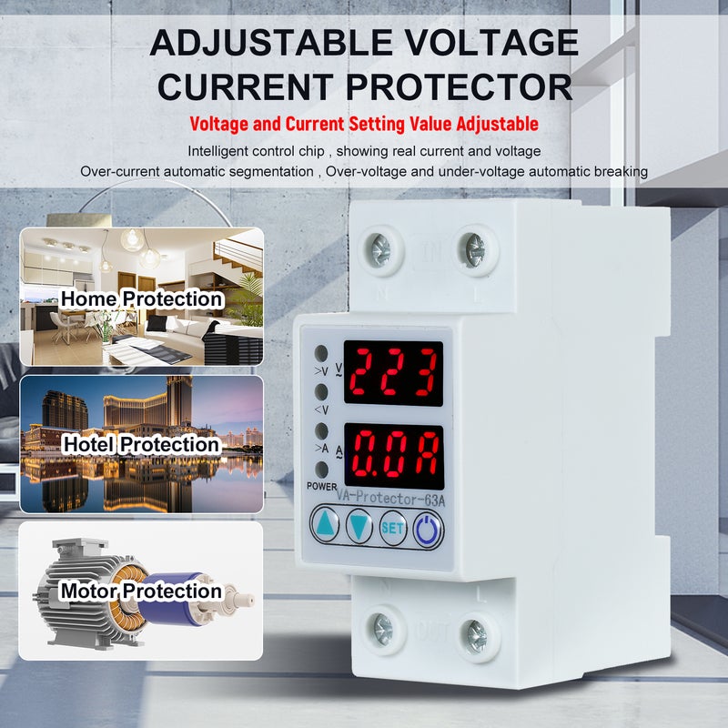 Adjustable Voltage Protector 63A Single Phase Din Rail - Adjustable Voltage & Current Protection Automatic Reconnect Double LED Display for Home Electrical Equipment Protection - Image 3