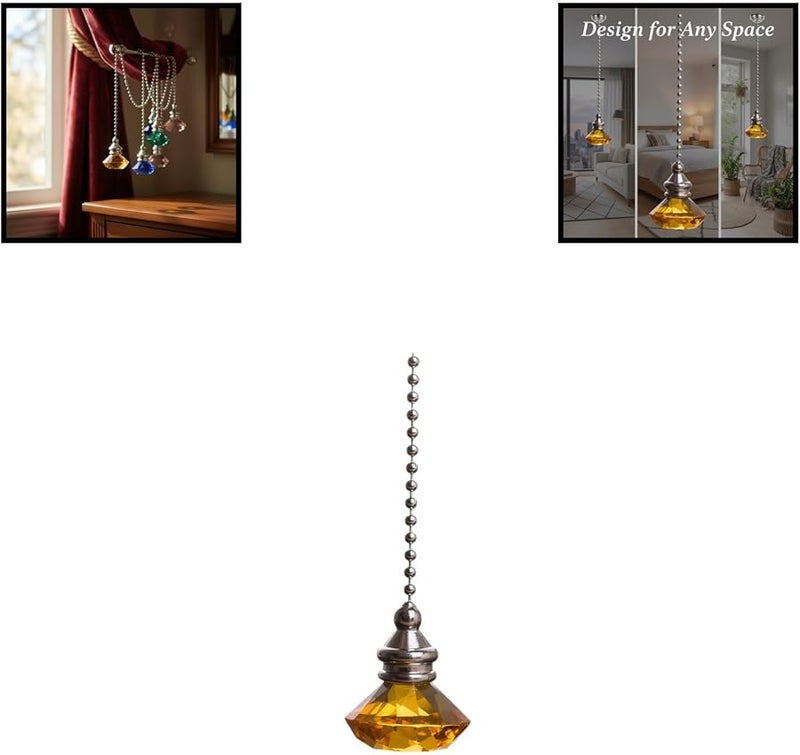 Amber Crystal Fan Pull Pendant With Metal Bead Chain 50cm For Indoor Outdoor Ceiling Fan - Image 3