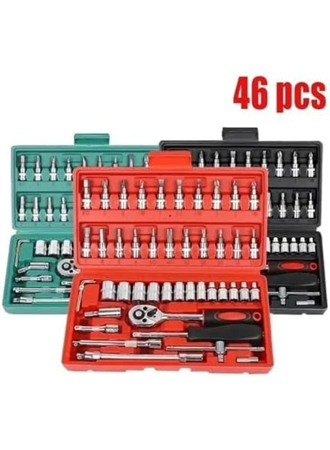 46 قطعة مجموعة مفتاح براغي ومفتاح شد بمقبض ربع بوصة مجموعة أدوات خضراء لصيانة السيارات والدراجات النارية والدراجات - Image 4