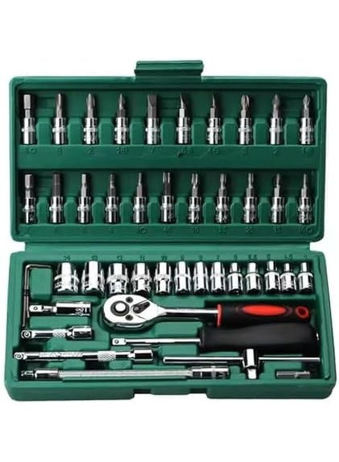 46 قطعة مجموعة مفتاح براغي ومفتاح شد بمقبض ربع بوصة مجموعة أدوات خضراء لصيانة السيارات والدراجات النارية والدراجات - Image 2