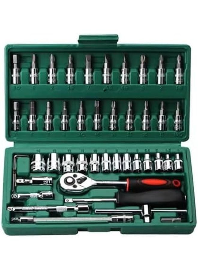 46 قطعة مجموعة مفتاح براغي ومفتاح شد بمقبض ربع بوصة مجموعة أدوات خضراء لصيانة السيارات والدراجات النارية والدراجات - Image 3