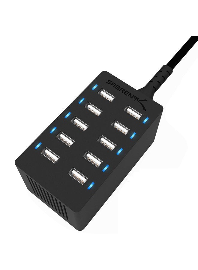 SABRENT شاحن سريع لسطح المكتب USB بحجم عائلي من سابرنت 60 واط (12 أمبير) 10 منافذ [معتمد من UL] - أسود (AX-TPCS) - Image 1