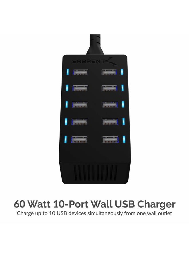 SABRENT شاحن سريع لسطح المكتب USB بحجم عائلي من سابرنت 60 واط (12 أمبير) 10 منافذ [معتمد من UL] - أسود (AX-TPCS) - Image 3