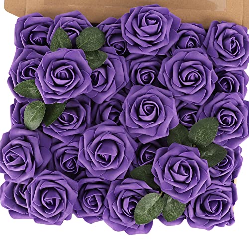 MACTING Purple Artificial Flowers 30PCS Fake Roses with Stem Real Soft Touch Foam Roses DIY Wedding Bouquet Table Centerpieces Party Bridal Shower Home Halloween Decorations - Image 1