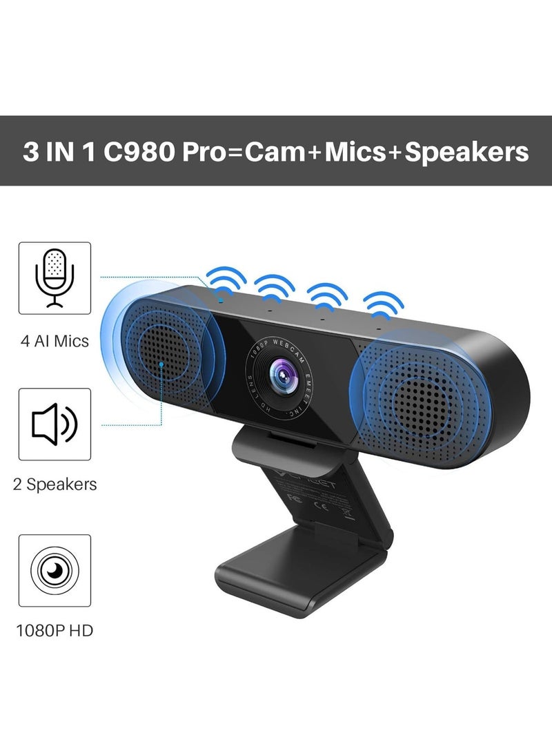 EMEET 3 in 1 Webcam - 1080P Webcam with Microphone and Speakers, Noise Reduction, Auto Low Light Correction W/Cover, C980 Pro USB Camera Webcam 60°-98° for Video Conferencing Streaming/Gaming/Class - Image 2