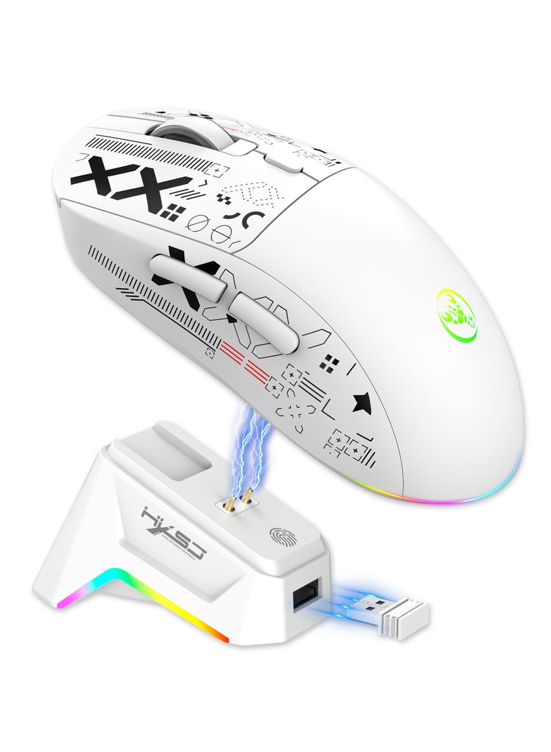 HXSJ T90 Ultralight Wireless Gaming Mouse with Magnetic RGB Charging Dock, BT/2.4Ghz/Wired Tri Modes, 800-12000 5 Level DPI, Computer Mouse for PC Mac Gamer(White) - Image 1