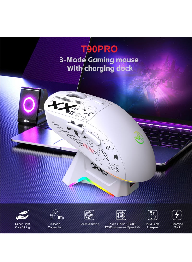 HXSJ T90 Ultralight Wireless Gaming Mouse with Magnetic RGB Charging Dock, BT/2.4Ghz/Wired Tri Modes, 800-12000 5 Level DPI, Computer Mouse for PC Mac Gamer(White) - Image 3