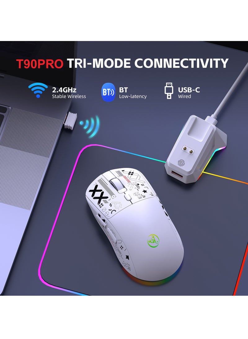 HXSJ T90 Ultralight Wireless Gaming Mouse with Magnetic RGB Charging Dock, BT/2.4Ghz/Wired Tri Modes, 800-12000 5 Level DPI, Computer Mouse for PC Mac Gamer(White) - Image 4