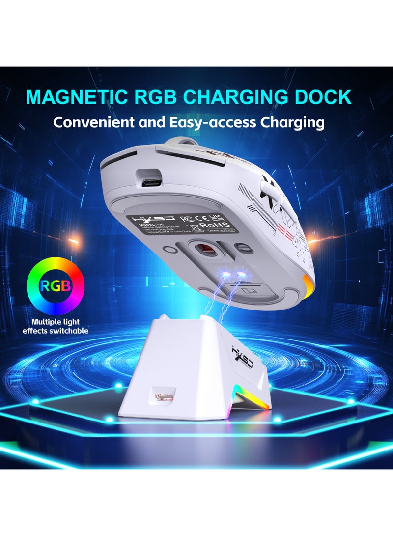 HXSJ T90 Ultralight Wireless Gaming Mouse with Magnetic RGB Charging Dock, BT/2.4Ghz/Wired Tri Modes, 800-12000 5 Level DPI, Computer Mouse for PC Mac Gamer(White) - Image 5