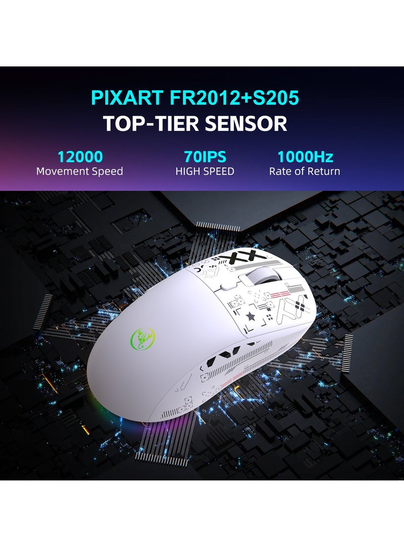 إتش إكس إس جيه T90PRO Ultralight Wireless Gaming Mouse with Magnetic RGB Charging Dock, BT/2.4Ghz/Wired Tri Modes, 800-12000 5 Level DPI, Computer Mouse for PC Mac Gamer(White) - Image 5