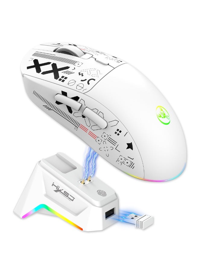 إتش إكس إس جيه T90PRO Ultralight Wireless Gaming Mouse with Magnetic RGB Charging Dock, BT/2.4Ghz/Wired Tri Modes, 800-12000 5 Level DPI, Computer Mouse for PC Mac Gamer(White) - Image 1