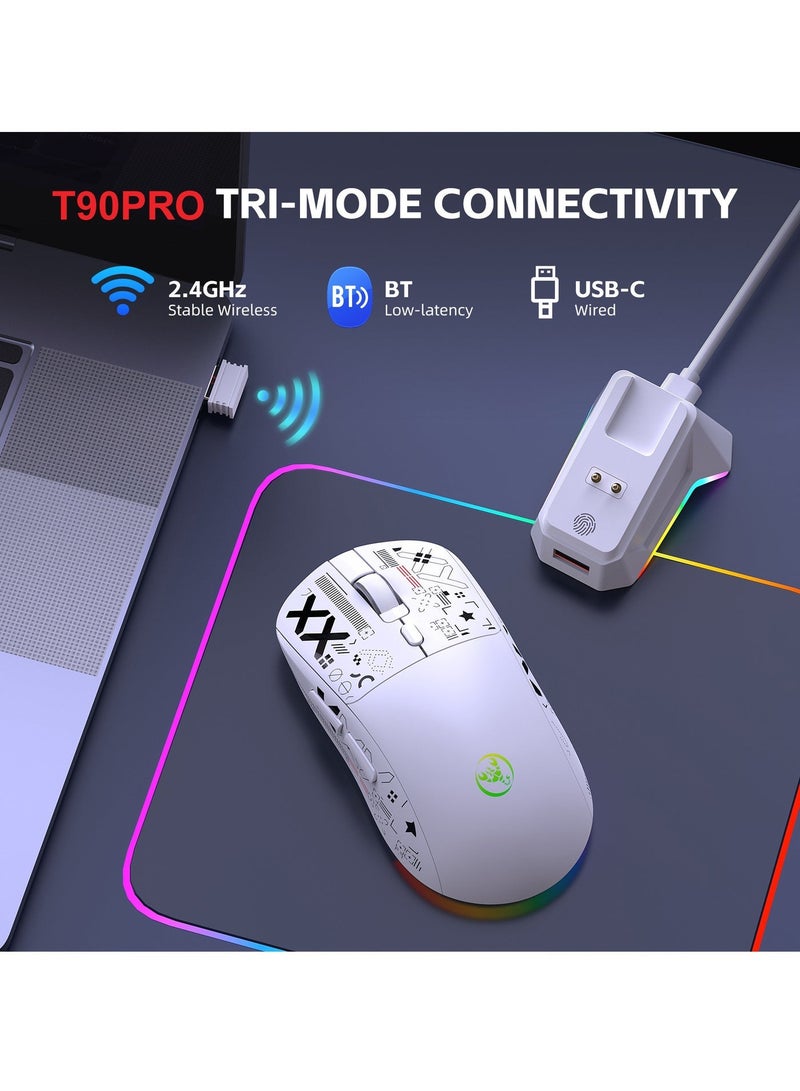 إتش إكس إس جيه T90PRO Ultralight Wireless Gaming Mouse with Magnetic RGB Charging Dock, BT/2.4Ghz/Wired Tri Modes, 800-12000 5 Level DPI, Computer Mouse for PC Mac Gamer(White) - Image 4