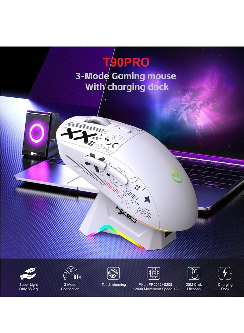إتش إكس إس جيه T90PRO Ultralight Wireless Gaming Mouse with Magnetic RGB Charging Dock, BT/2.4Ghz/Wired Tri Modes, 800-12000 5 Level DPI, Computer Mouse for PC Mac Gamer(White) - Image 3