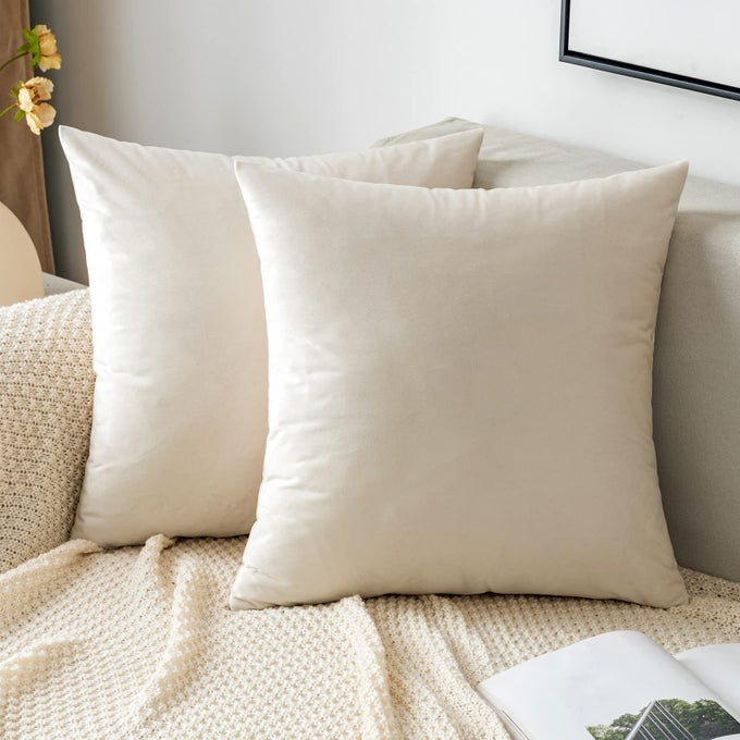 PACK OF 2 VELVET THROW PILLOW COVERS DECORATIVE SQUARE PILLOWCASE SOFT SOLID CUSHION CASE FOR SOFA BEDROOM CHAIR CAR 20X20 INCH CREAM WHITE