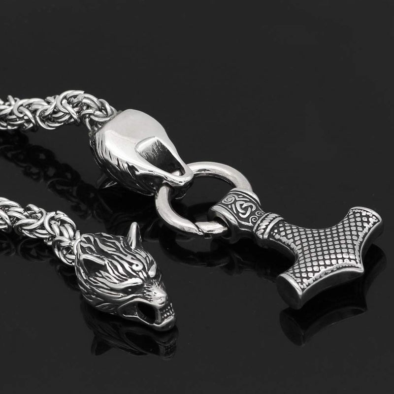 GuoShuang Wolf Head with Thor Mjolnir Pendant Necklace Stainless Steel - King Chain (20 INCH)