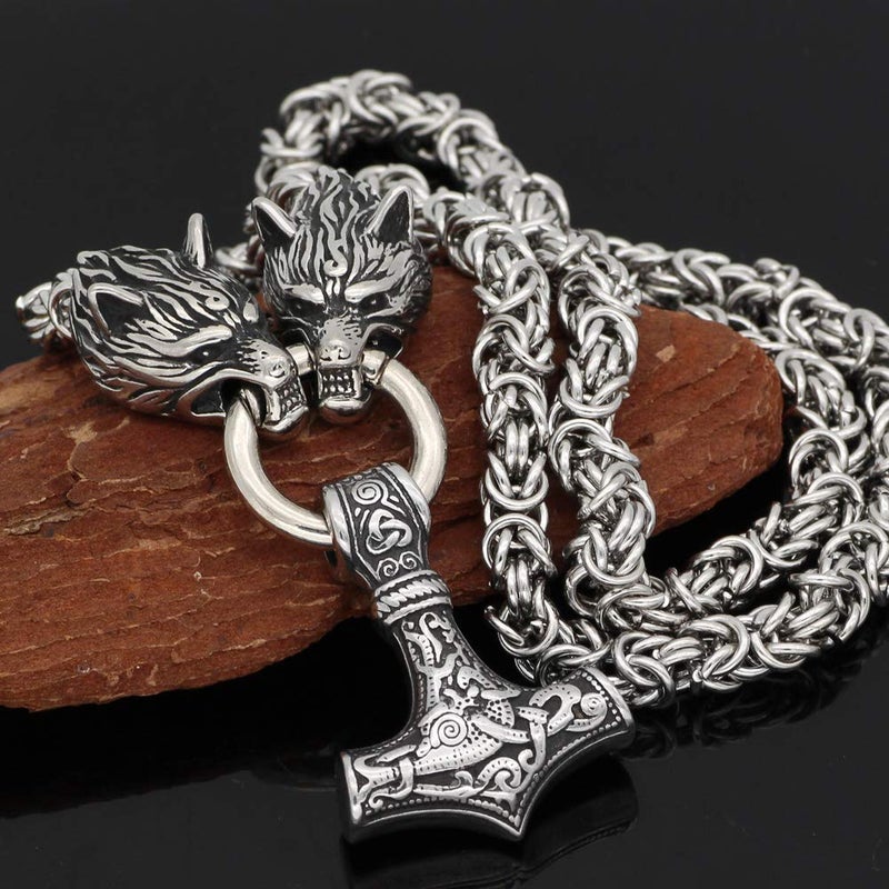GuoShuang Wolf Head with Thor Mjolnir Pendant Necklace Stainless Steel - King Chain (20 INCH)
