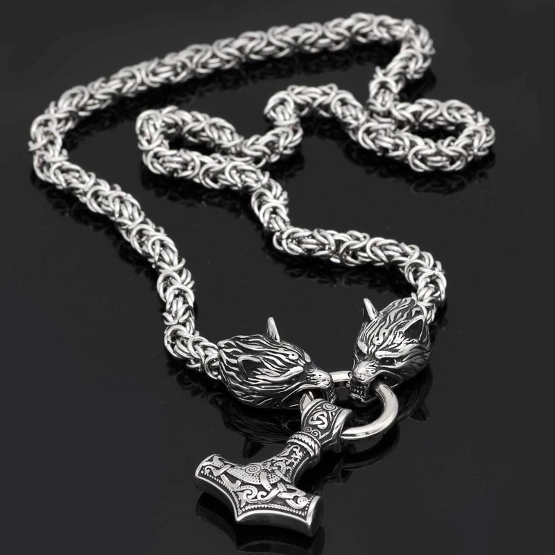 GuoShuang Wolf Head with Thor Mjolnir Pendant Necklace Stainless Steel - King Chain (20 INCH)
