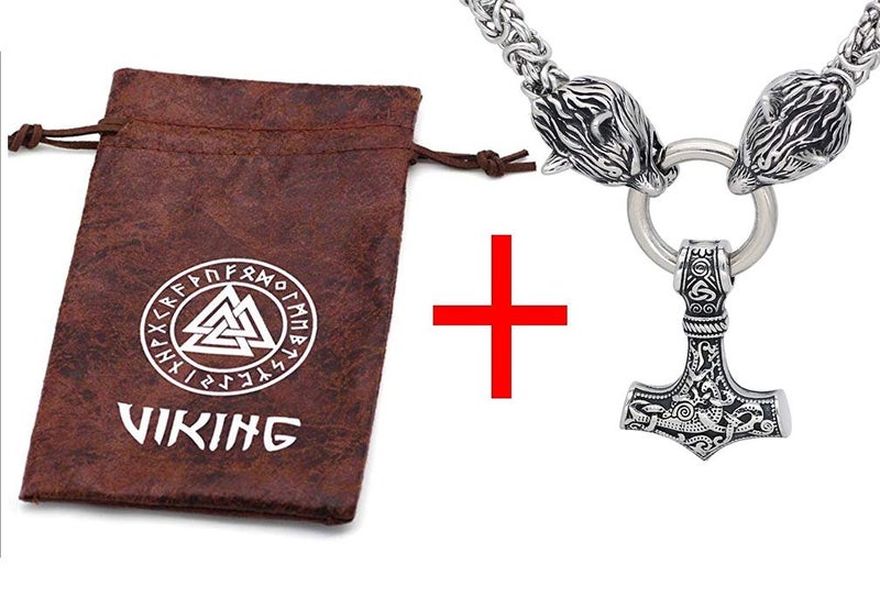 GuoShuang Wolf Head with Thor Mjolnir Pendant Necklace Stainless Steel - King Chain (20 INCH)