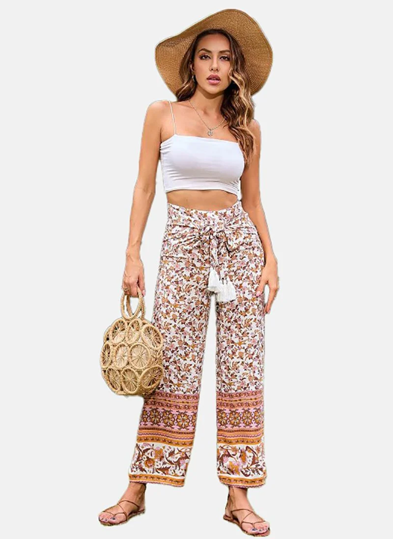 YUNIQEE White Straight Floral Printed Cotton Palazzos