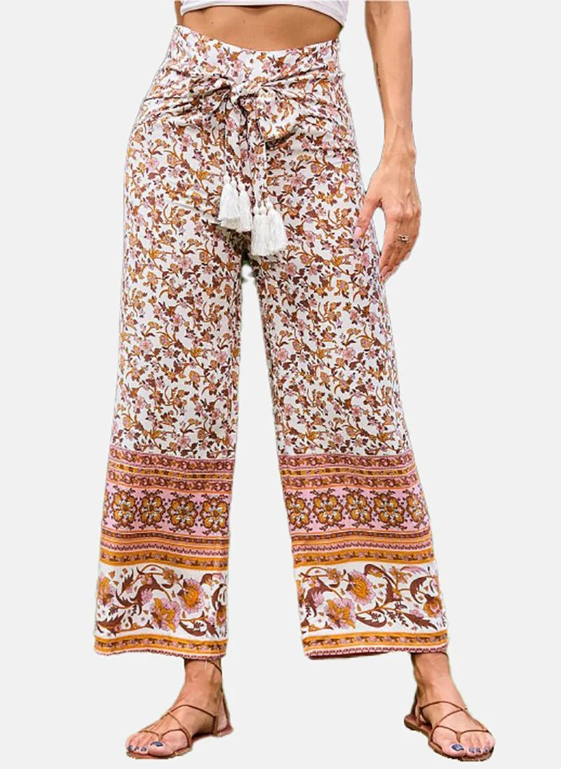 YUNIQEE White Straight Floral Printed Cotton Palazzos