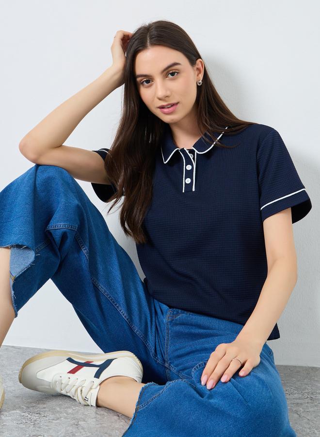 تايك تو بلوزة بولو سادة بأكمام قصيرة - Image 1