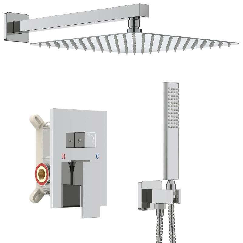 Iriber Chrome Shower System 10 Inch High Pressure Rainfall Shower Head Brass Shower Set Bathroom Rain Shower Mixer Shower Valve Modern Rain Shower and Shower Faucet and Handheld Combo Set