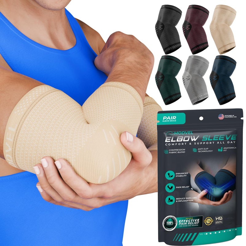 Modvel 2 Pack Elbow Brace - Golfer's Elbow Compression Sleeve Support for Joint Pain Relief, Recovery, Tendonitis Braces, Tennis Elbows Brace For Men & Women, Workout & Weightlifting Arm Wrap, Nude - Image 1